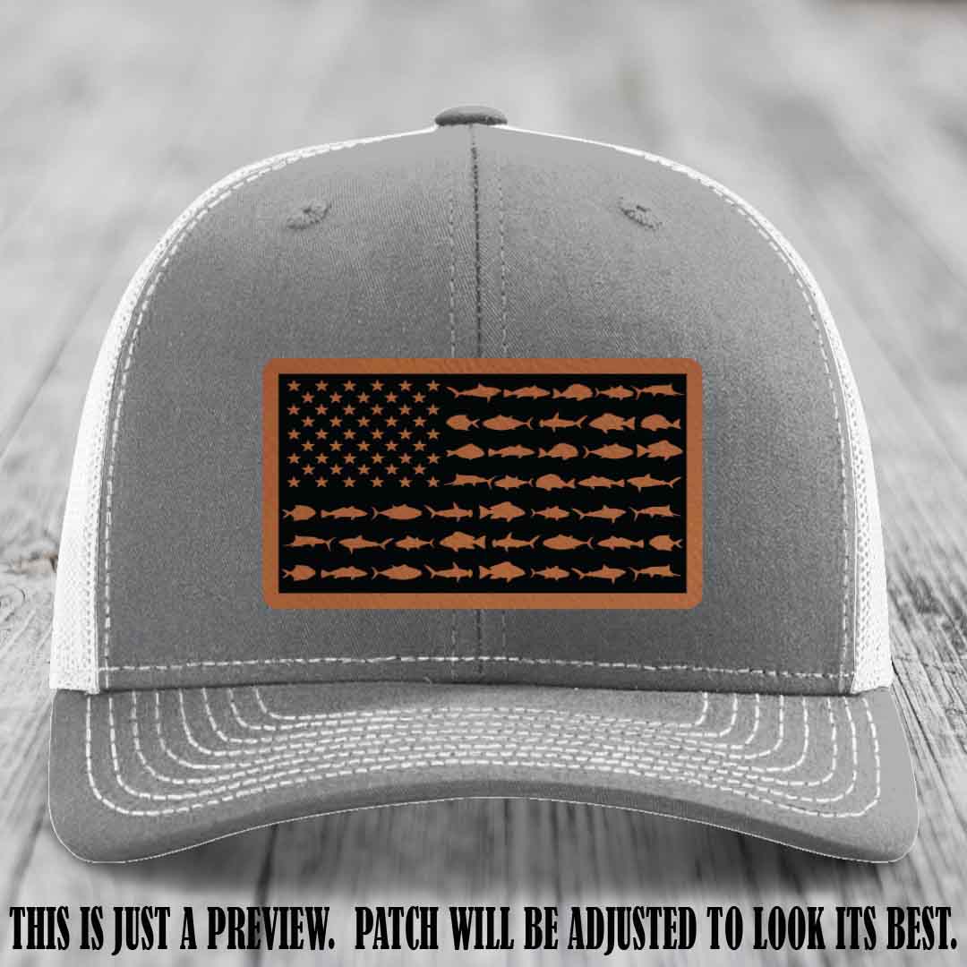 Stars & Stripes Fishing Rawhide to Black Patch Leather patch on Heather Grey to White Hat Richardson 112 custom trucker hat