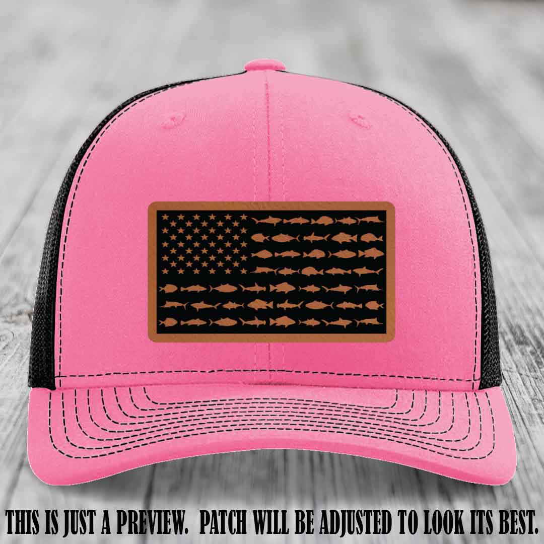 Stars & Stripes Fishing Rawhide to Black Patch Leather patch on Hot Pink to Black Hat Richardson 112 custom trucker hat