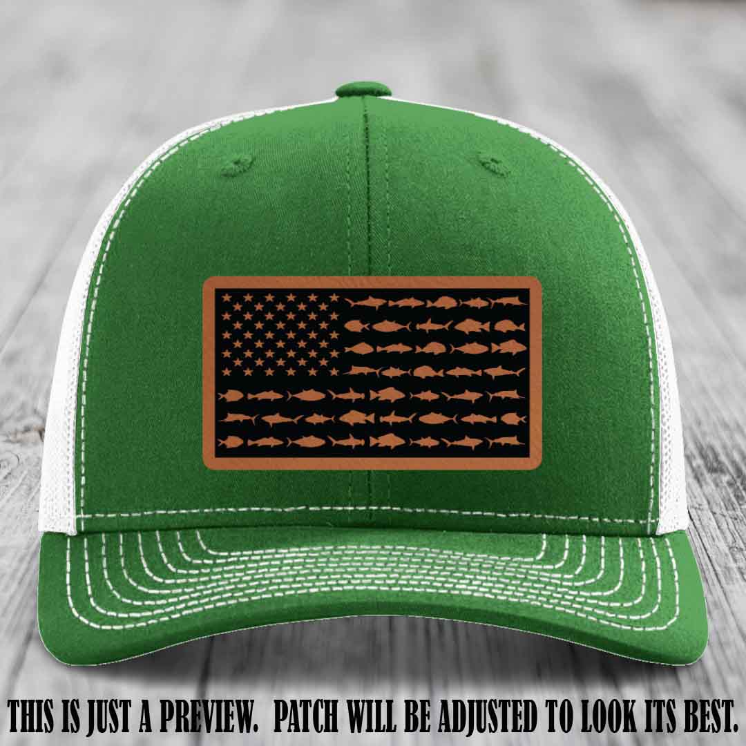Stars & Stripes Fishing Rawhide to Black Patch Leather patch on Kelly to White Hat Richardson 112 custom trucker hat