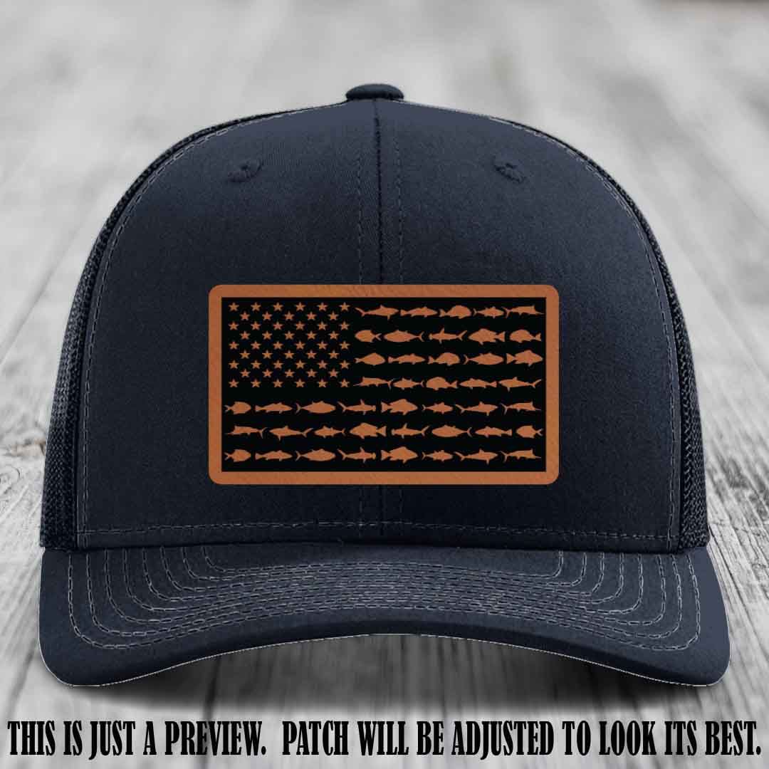 Stars & Stripes Fishing Rawhide to Black Patch Leather patch on Navy Hat Richardson 112 custom trucker hat