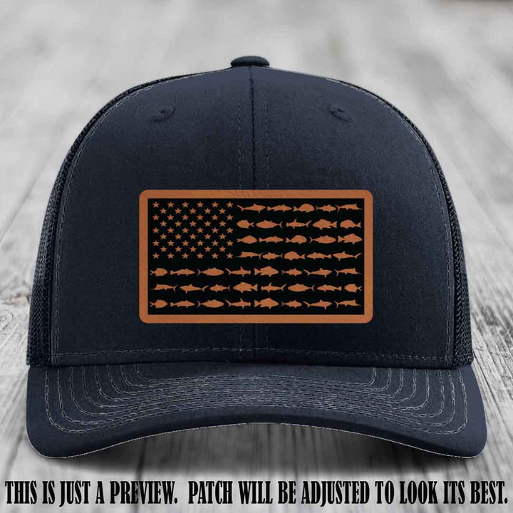 Stars & Stripes Fishing Rawhide to Black Patch Leather patch on Navy Hat Richardson 112 custom trucker hat