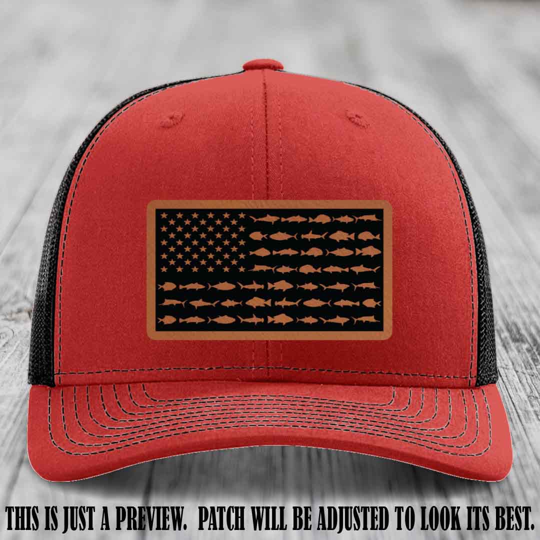 Stars & Stripes Fishing Rawhide to Black Patch Leather patch on Red to Black Hat Richardson 112 custom trucker hat
