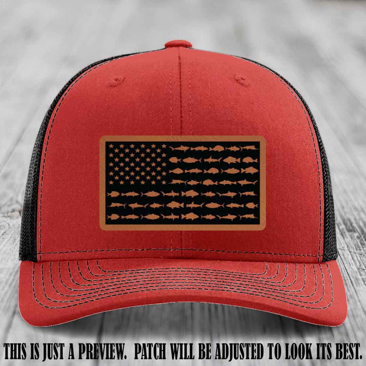 Stars & Stripes Fishing Rawhide to Black Patch Leather patch on Red to Black Hat Richardson 112 custom trucker hat
