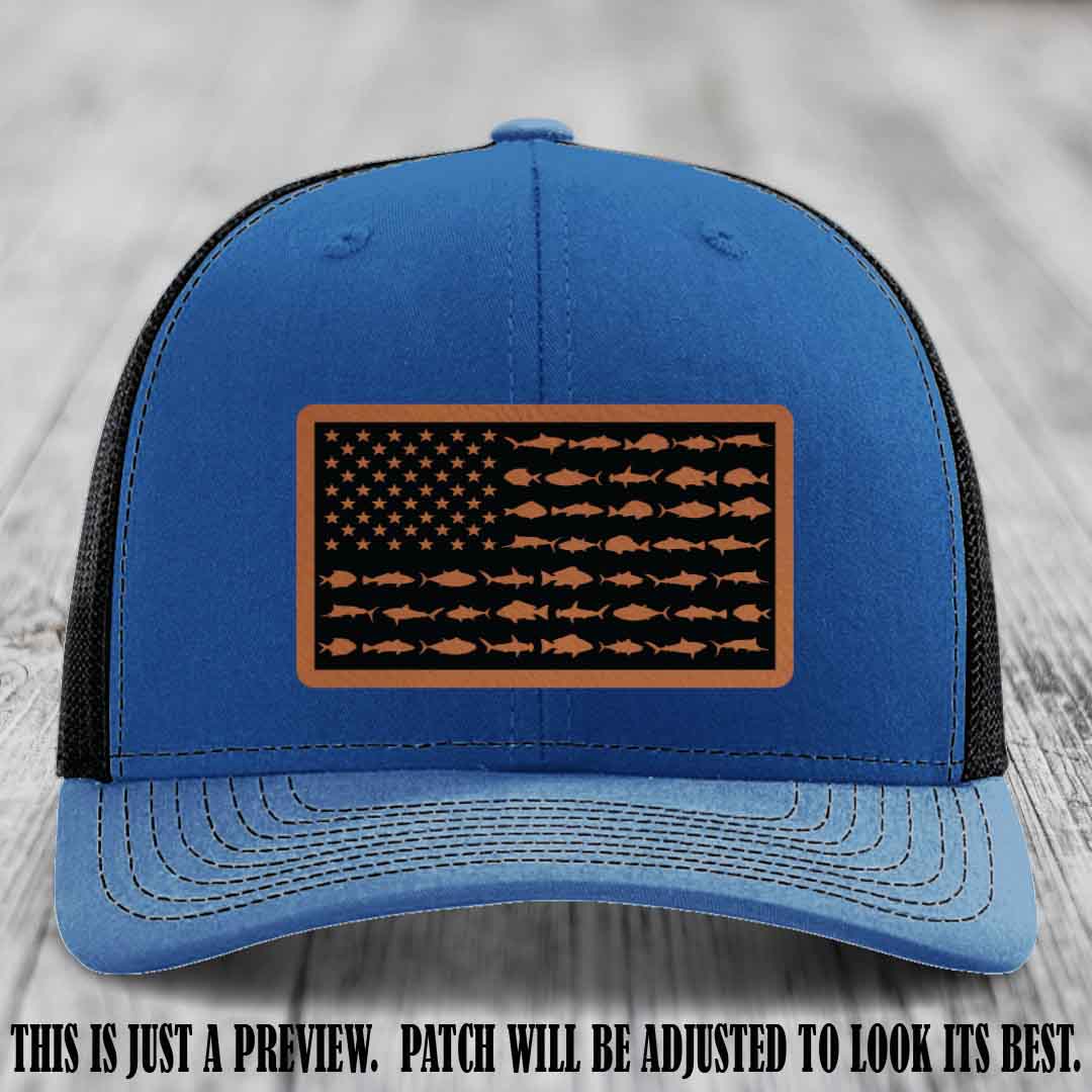 Stars & Stripes Fishing Rawhide to Black Patch Leather patch on Royal to Black Hat Richardson 112 custom trucker hat