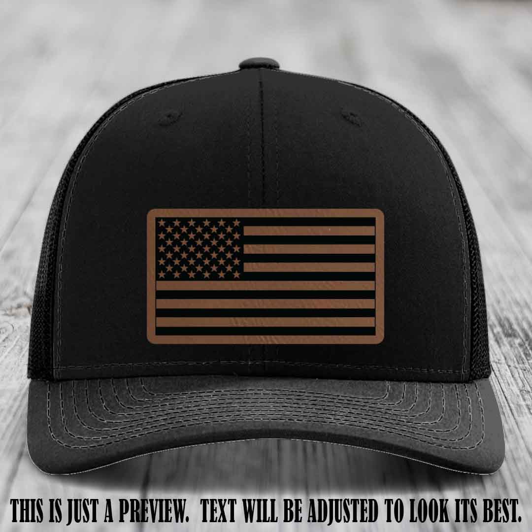 Stars & Stripes 🇺🇸 Dark Brown to Black on Black Hat - Richardson 112 Leather Patch Hat