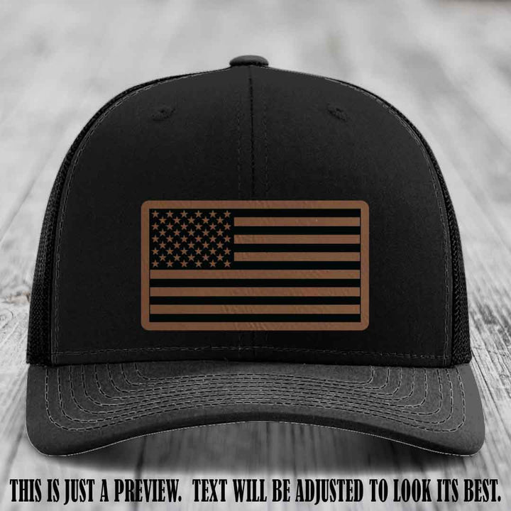 Stars & Stripes 🇺🇸 Dark Brown to Black on Black Hat - Richardson 112 Leather Patch Hat