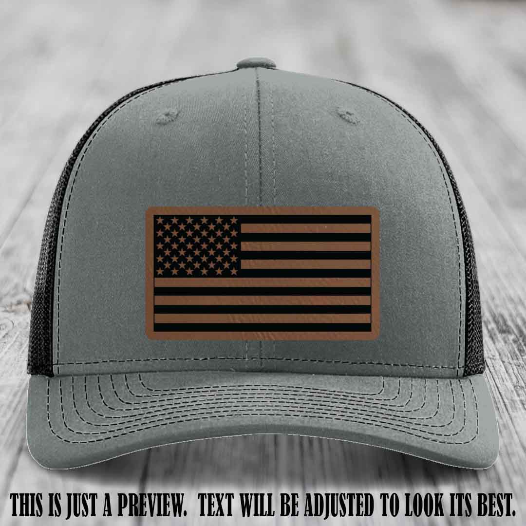 Stars & Stripes 🇺🇸 Dark Brown to Black on Heather Grey to Black Hat - Richardson 112 Leather Patch Hat