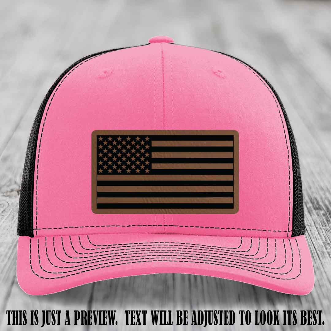 Stars & Stripes 🇺🇸 Dark Brown to Black on Hot Pink to Black Hat - Richardson 112 Leather Patch Hat