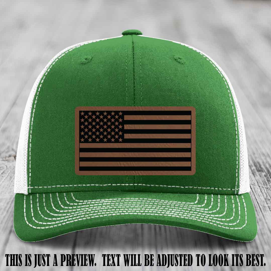 Stars & Stripes 🇺🇸 Dark Brown to Black on Kelly to White Hat - Richardson 112 Leather Patch Hat