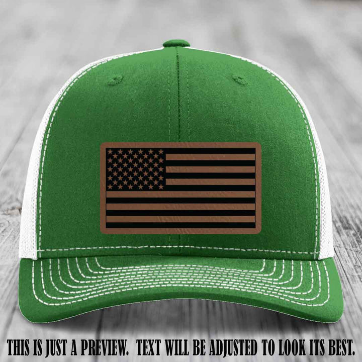 Stars & Stripes 🇺🇸 Dark Brown to Black on Kelly to White Hat - Richardson 112 Leather Patch Hat