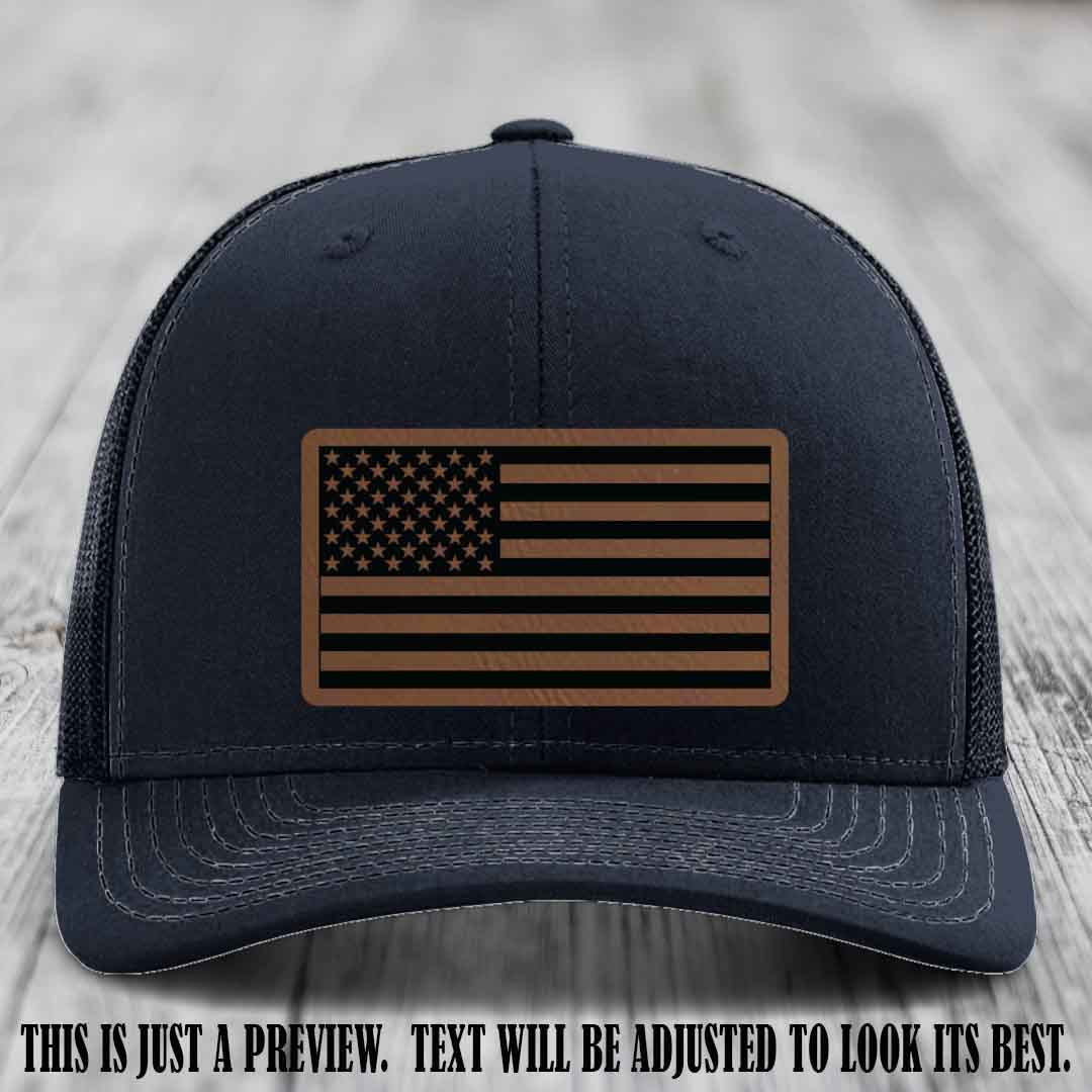 Stars & Stripes 🇺🇸 Dark Brown to Black on Navy Hat - Richardson 112 Leather Patch Hat