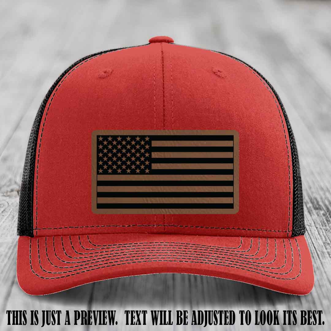 Stars & Stripes 🇺🇸 Dark Brown to Black on Red to Black Hat - Richardson 112 Leather Patch Hat