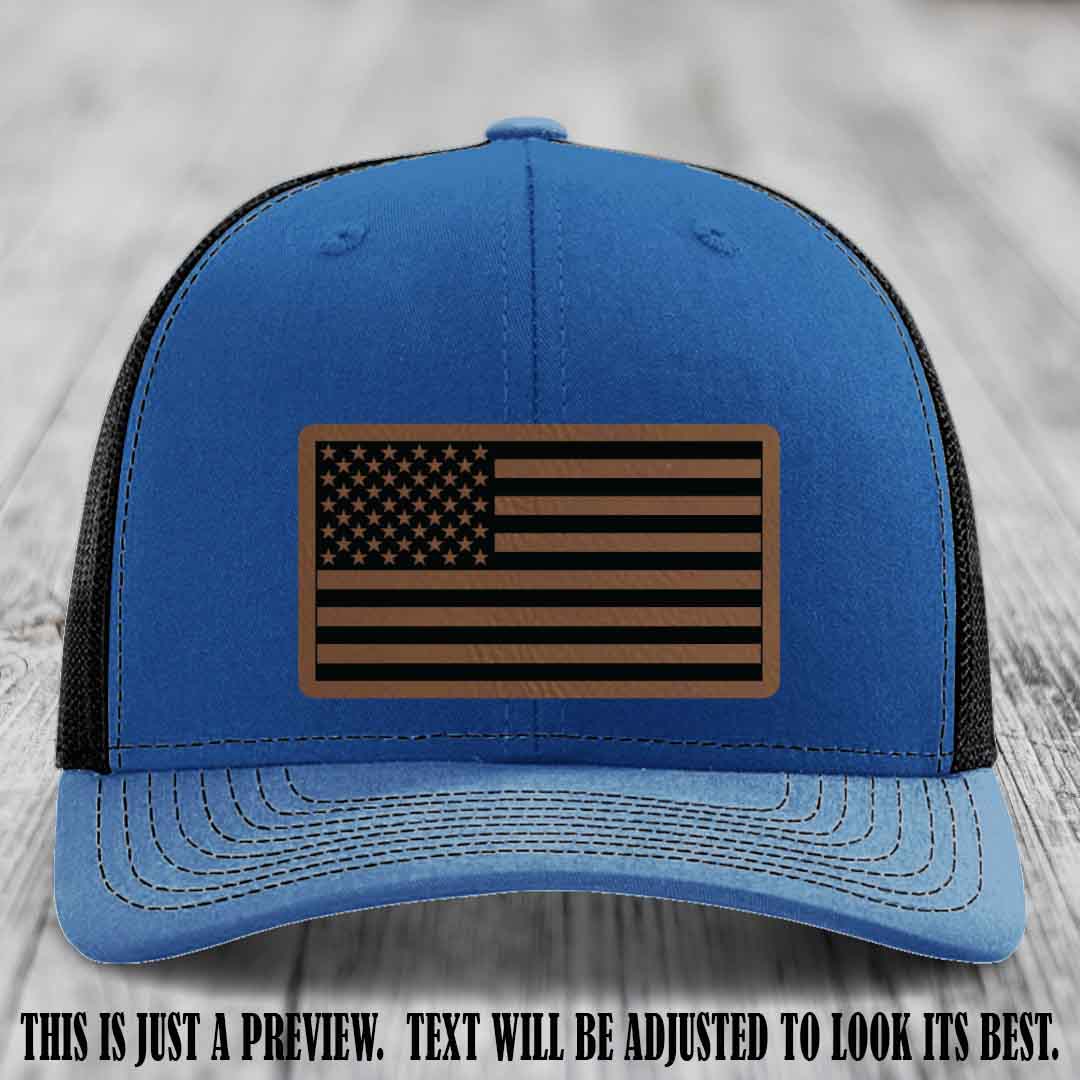 Stars & Stripes 🇺🇸 Dark Brown to Black on Royal to Black Hat - Richardson 112 Leather Patch Hat