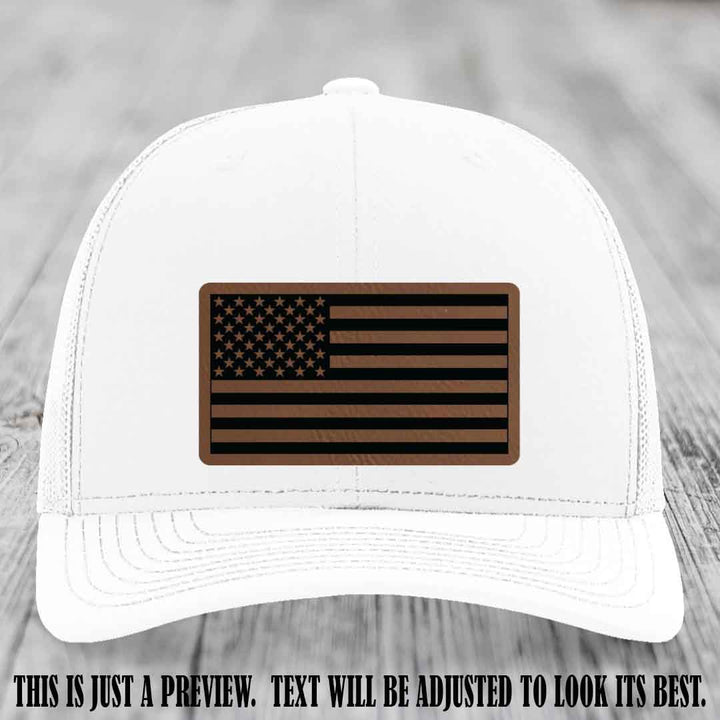Stars & Stripes 🇺🇸 Dark Brown to Black on White Hat - Richardson 112 Leather Patch Hat