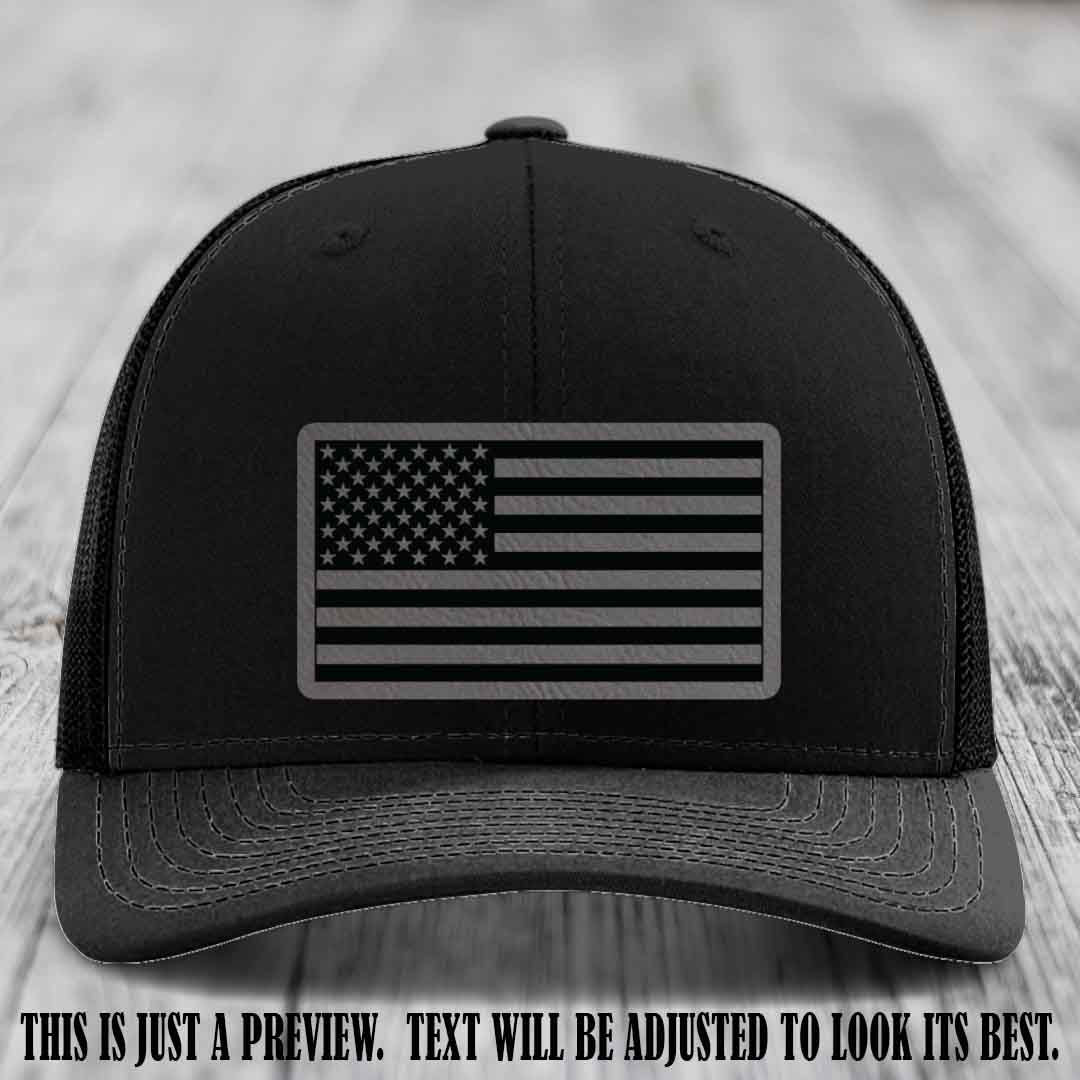 Stars & Stripes 🇺🇸 Grey to Black on Black Hat - Richardson 112 Leather Patch Hat