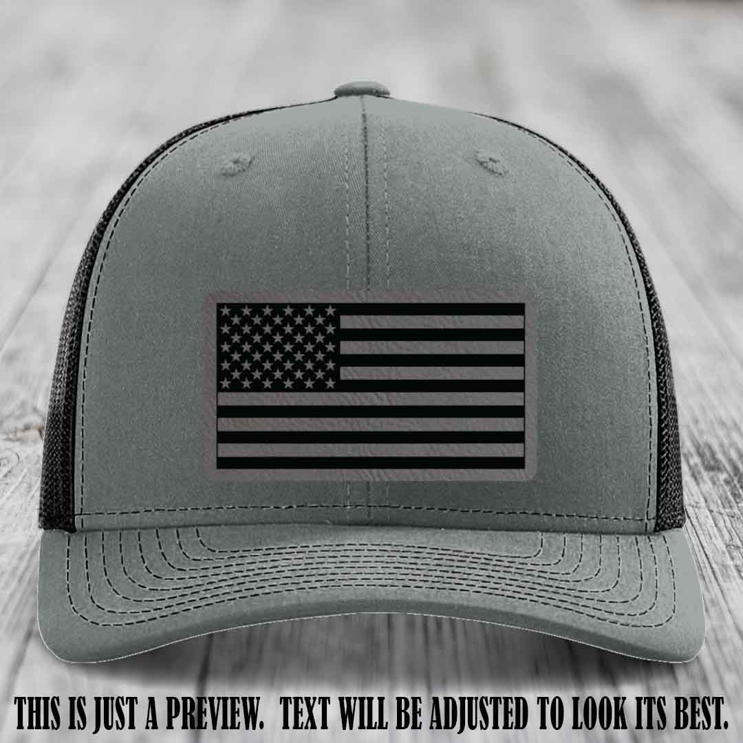 Stars & Stripes 🇺🇸 Grey to Black on Heather Grey to Black Hat - Richardson 112 Leather Patch Hat