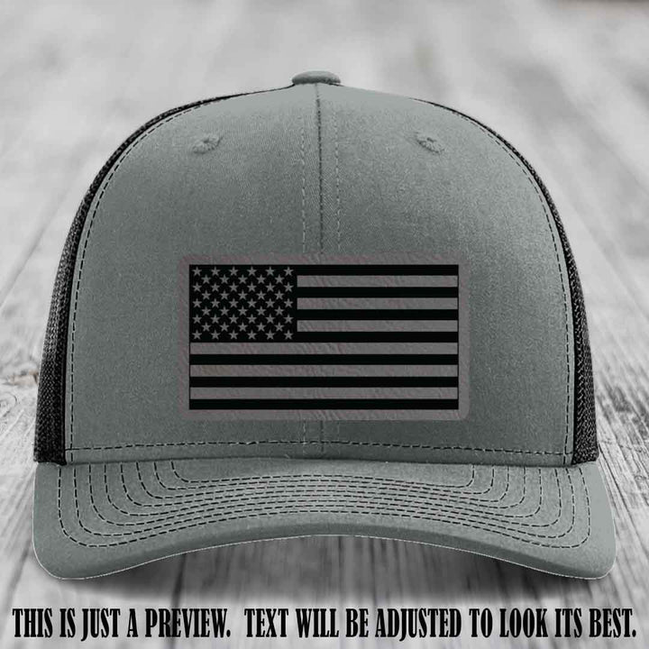 Stars & Stripes 🇺🇸 Grey to Black on Heather Grey to Black Hat - Richardson 112 Leather Patch Hat