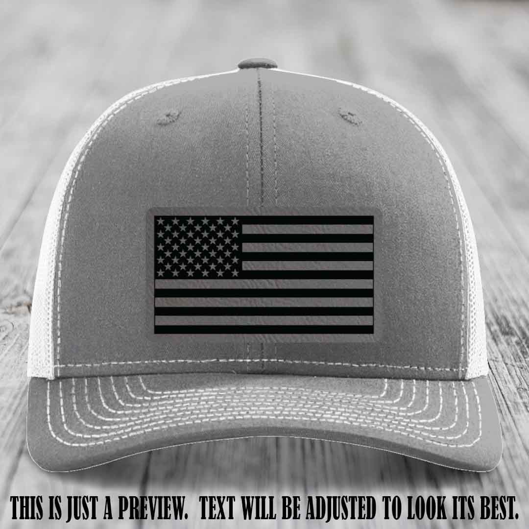 Stars & Stripes 🇺🇸 Grey to Black on Heather Grey to White Hat - Richardson 112 Leather Patch Hat