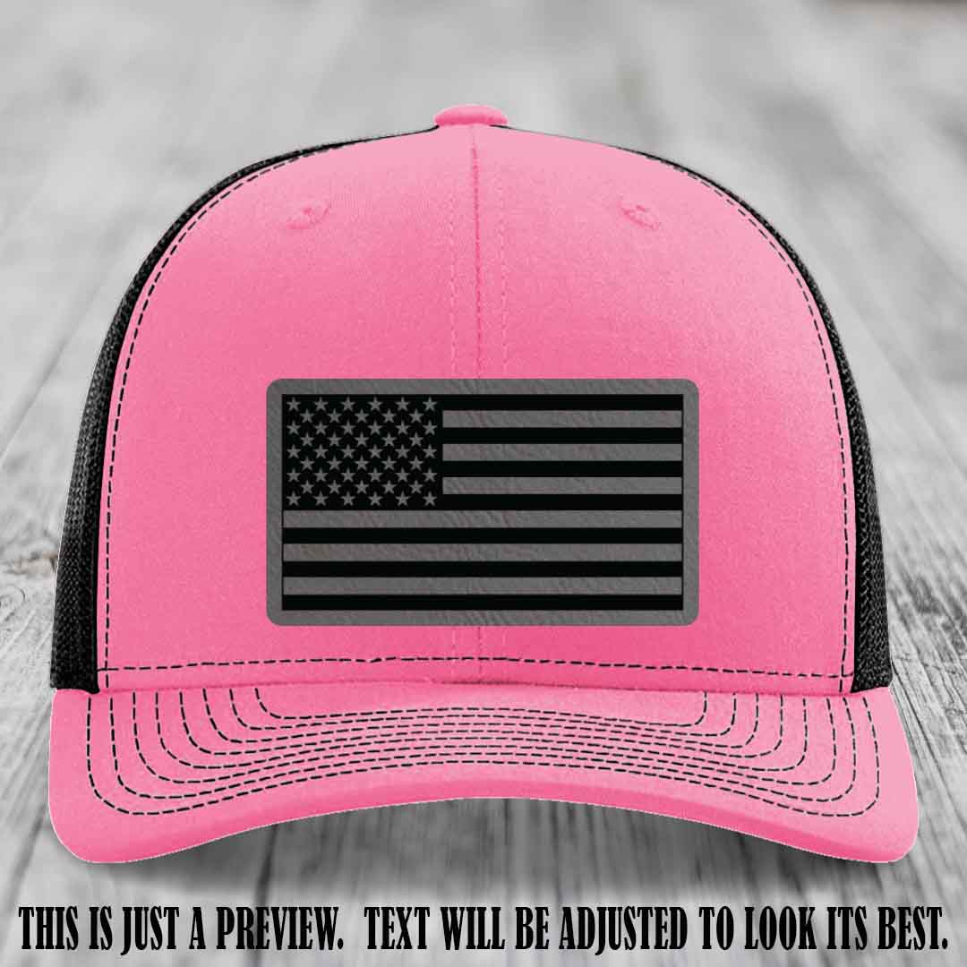 Stars & Stripes 🇺🇸 Grey to Black on Hot Pink to Black Hat - Richardson 112 Leather Patch Hat