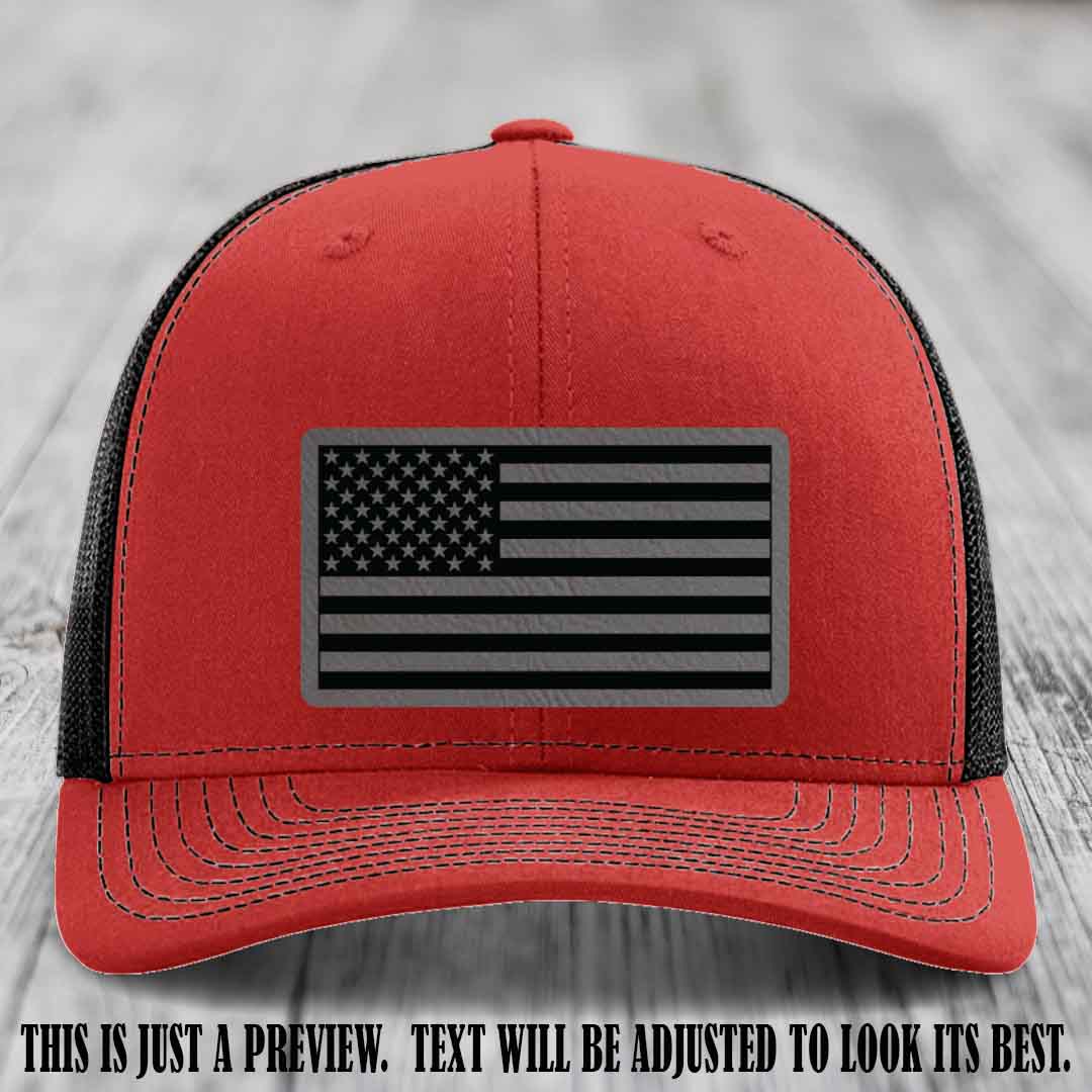 Stars & Stripes 🇺🇸 Grey to Black on Red to Black Hat - Richardson 112 Leather Patch Hat