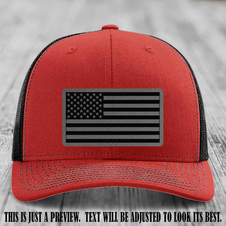 Stars & Stripes 🇺🇸 Grey to Black on Red to Black Hat - Richardson 112 Leather Patch Hat