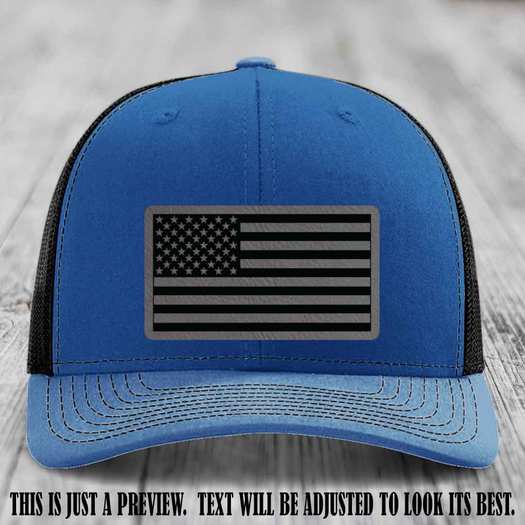 Stars & Stripes 🇺🇸 Grey to Black on Royal to Black Hat - Richardson 112 Leather Patch Hat