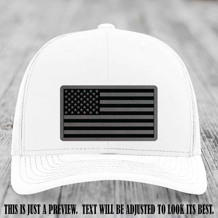 Stars & Stripes 🇺🇸 Grey to Black on White Hat - Richardson 112 Leather Patch Hat