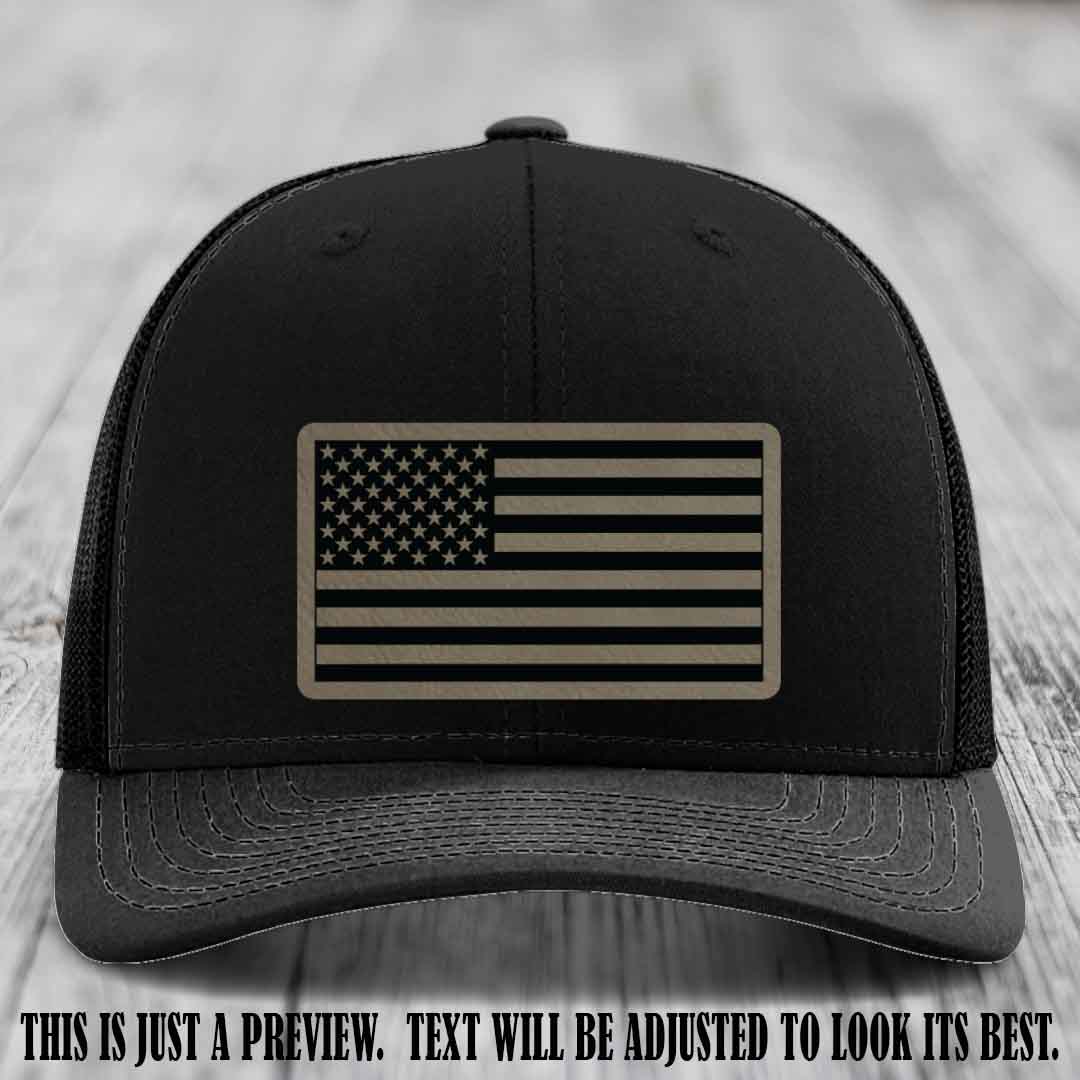 Stars & Stripes 🇺🇸 Light Brown to Black on Black Hat - Richardson 112 Leather Patch Hat