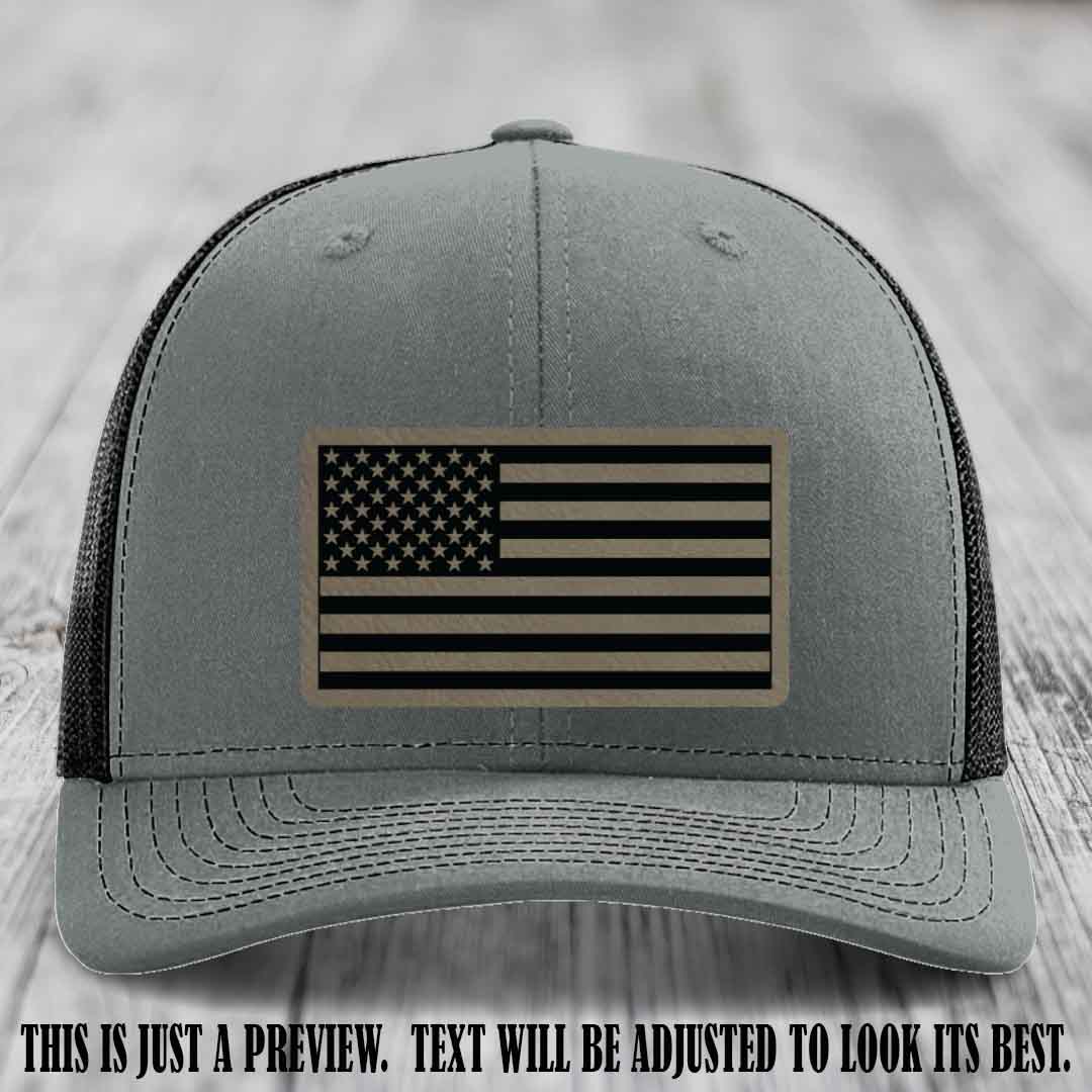 Stars & Stripes 🇺🇸 Light Brown to Black on Heather Grey to Black Hat - Richardson 112 Leather Patch Hat