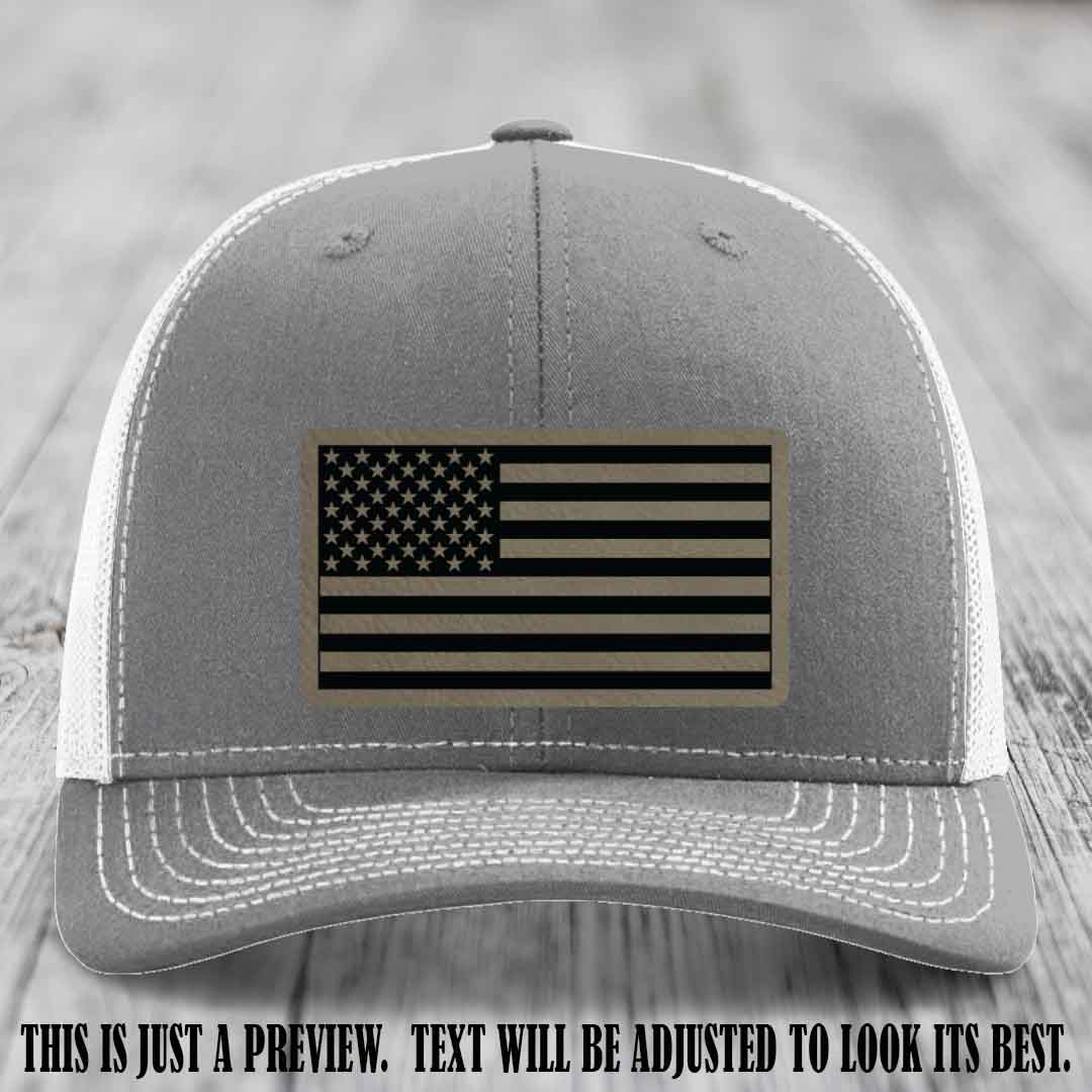 Stars & Stripes 🇺🇸 Light Brown to Black on Heather Grey to White Hat - Richardson 112 Leather Patch Hat