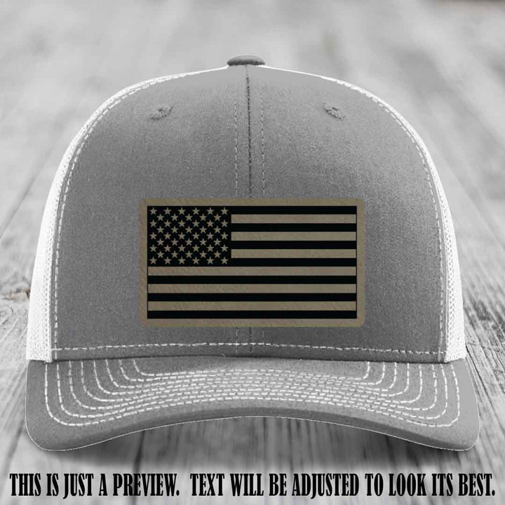 Stars & Stripes 🇺🇸 Light Brown to Black on Heather Grey to White Hat - Richardson 112 Leather Patch Hat