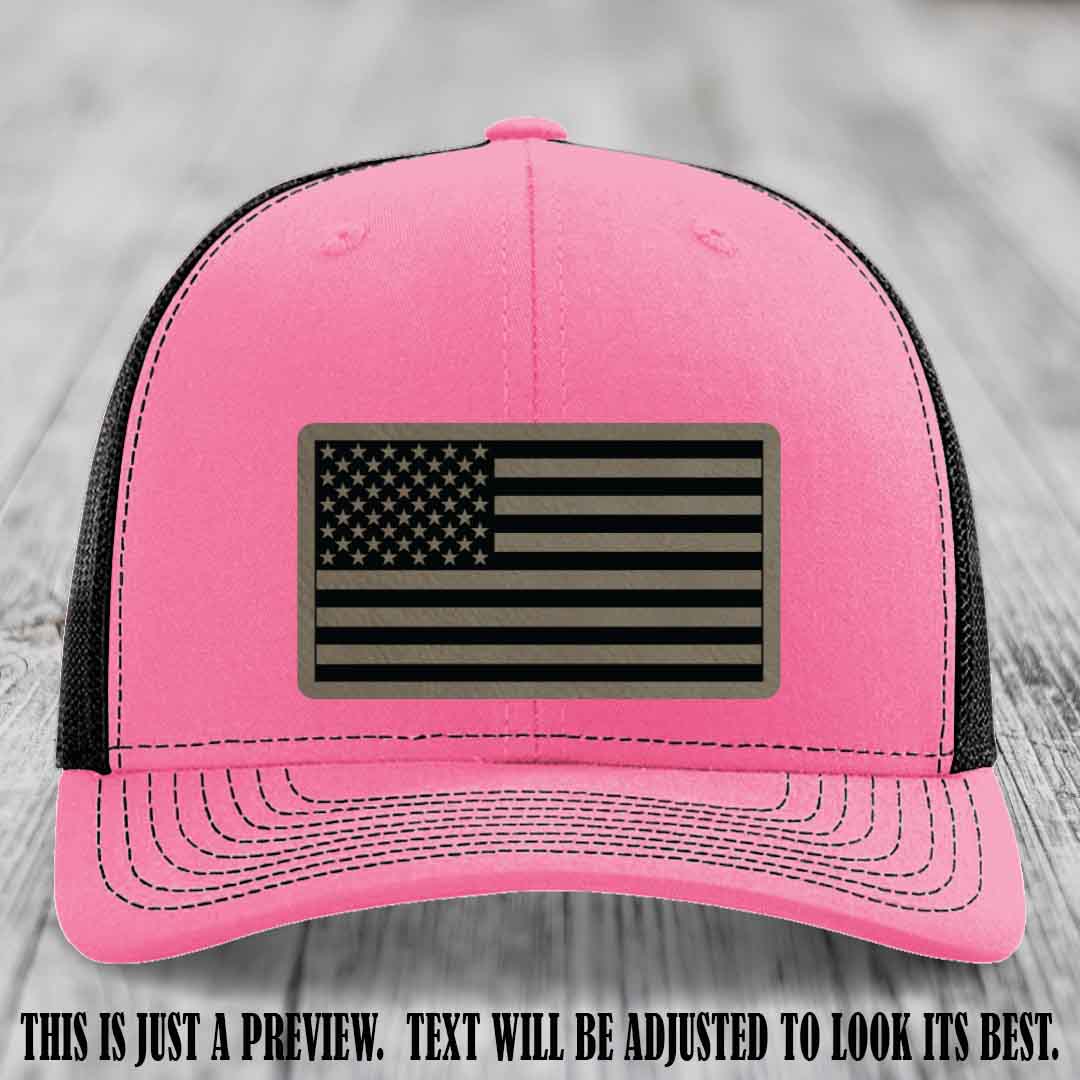 Stars & Stripes 🇺🇸 Light Brown to Black on Hot Pink to Black Hat - Richardson 112 Leather Patch Hat