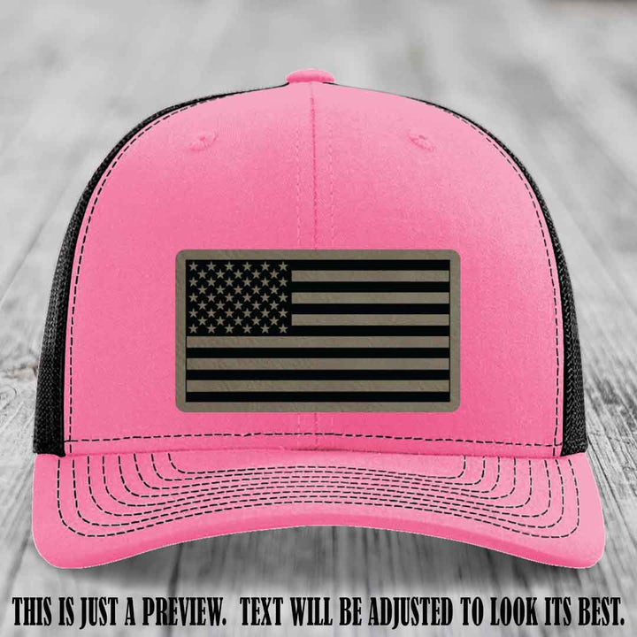 Stars & Stripes 🇺🇸 Light Brown to Black on Hot Pink to Black Hat - Richardson 112 Leather Patch Hat