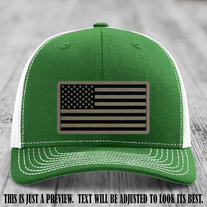 Stars & Stripes 🇺🇸 Light Brown to Black on Kelly to White Hat - Richardson 112 Leather Patch Hat