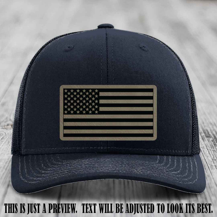 Stars & Stripes 🇺🇸 Light Brown to Black on Navy Hat - Richardson 112 Leather Patch Hat