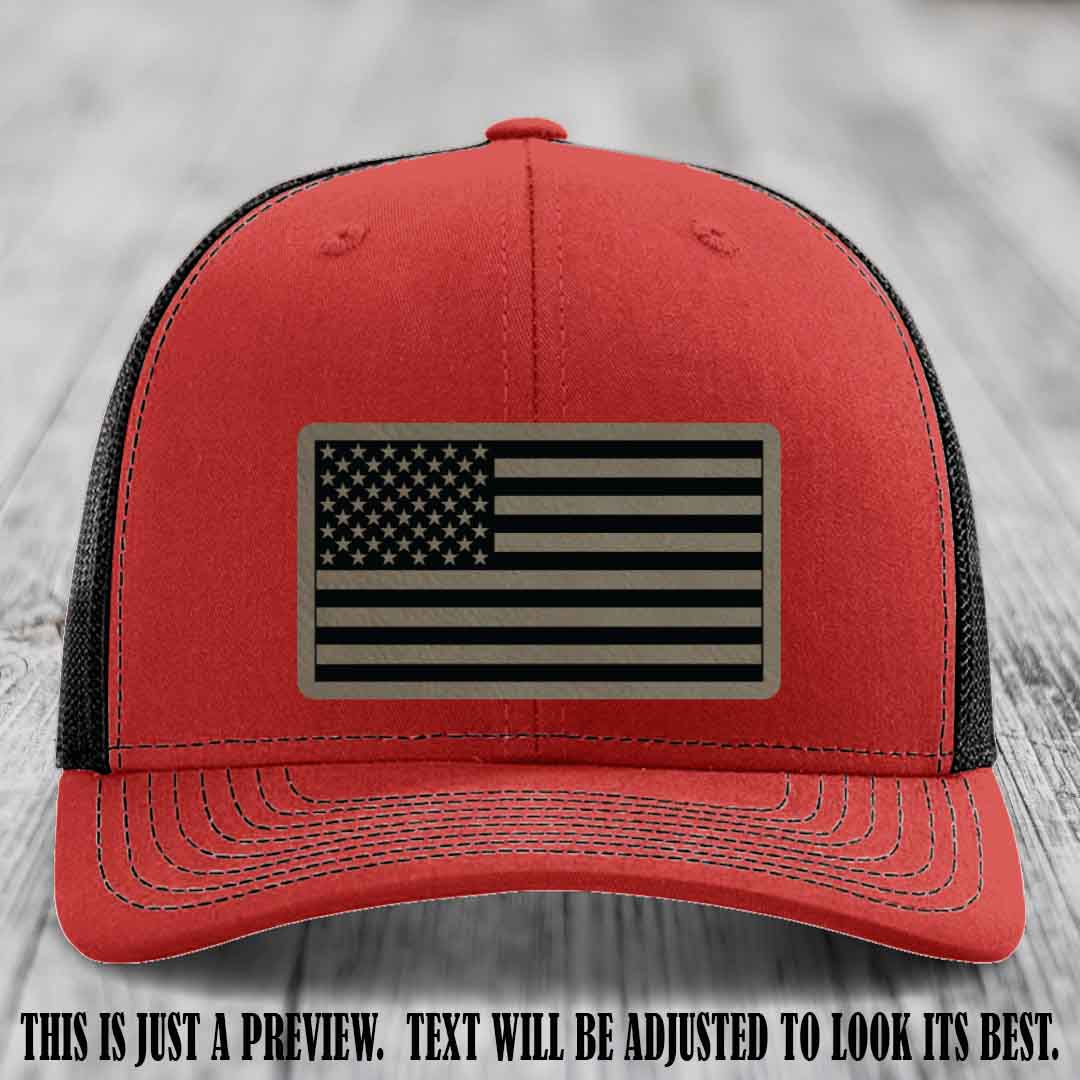 Stars & Stripes 🇺🇸 Light Brown to Black on Red to Black Hat - Richardson 112 Leather Patch Hat