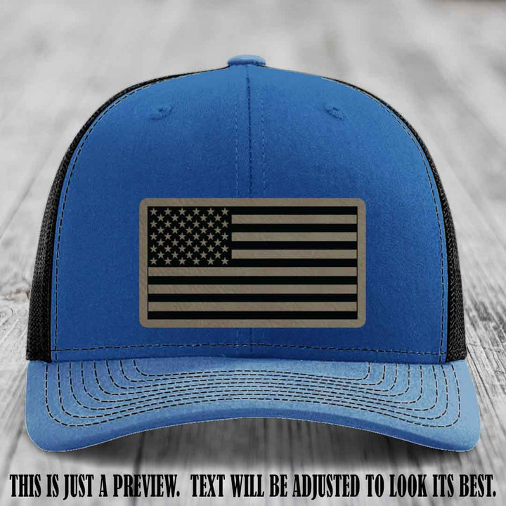 Stars & Stripes 🇺🇸 Light Brown to Black on Royal to Black Hat - Richardson 112 Leather Patch Hat