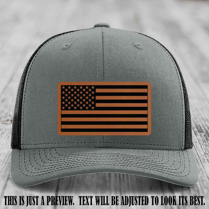 Stars & Stripes 🇺🇸 Rawhide to Black on Heather Grey to Black Hat - Richardson 112 Leather Patch Hat
