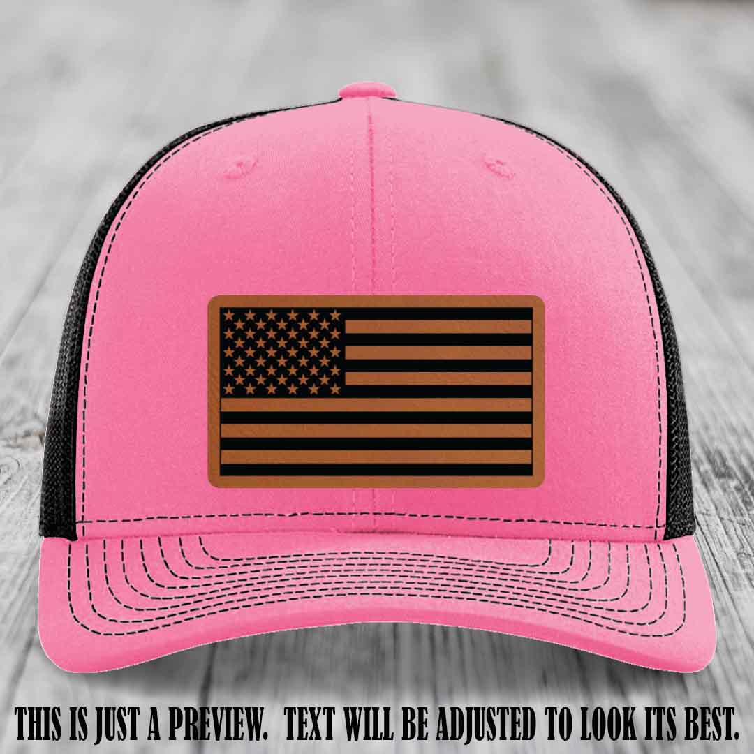 Stars & Stripes 🇺🇸 Rawhide to Black on Hot Pink to Black Hat - Richardson 112 Leather Patch Hat