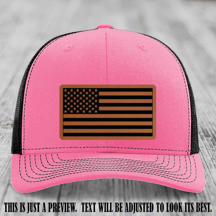Stars & Stripes 🇺🇸 Rawhide to Black on Hot Pink to Black Hat - Richardson 112 Leather Patch Hat