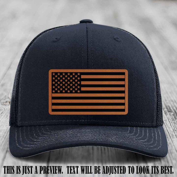 Stars & Stripes 🇺🇸 Rawhide to Black on Navy Hat - Richardson 112 Leather Patch Hat