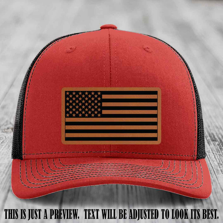 Stars & Stripes 🇺🇸 Rawhide to Black on Red to Black Hat - Richardson 112 Leather Patch Hat