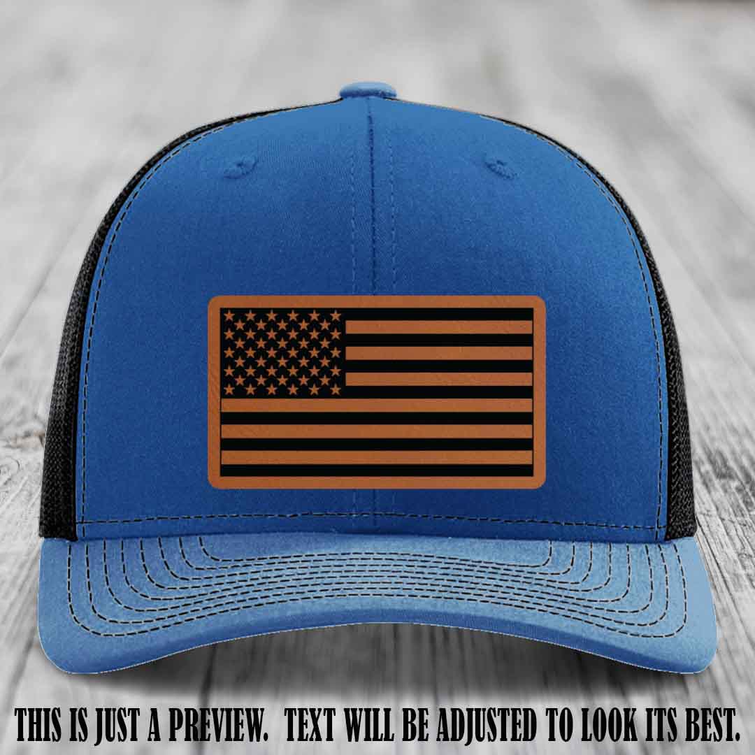 Stars & Stripes 🇺🇸 Rawhide to Black on Royal to Black Hat - Richardson 112 Leather Patch Hat