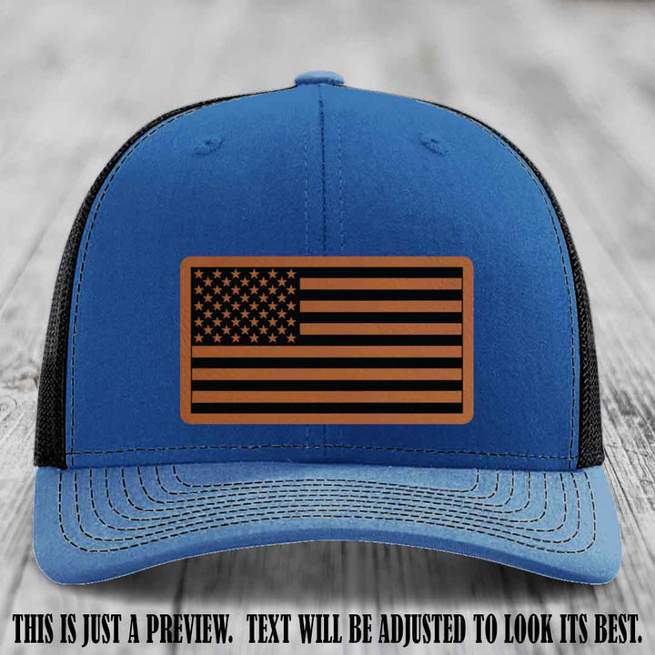 Stars & Stripes 🇺🇸 Rawhide to Black on Royal to Black Hat - Richardson 112 Leather Patch Hat