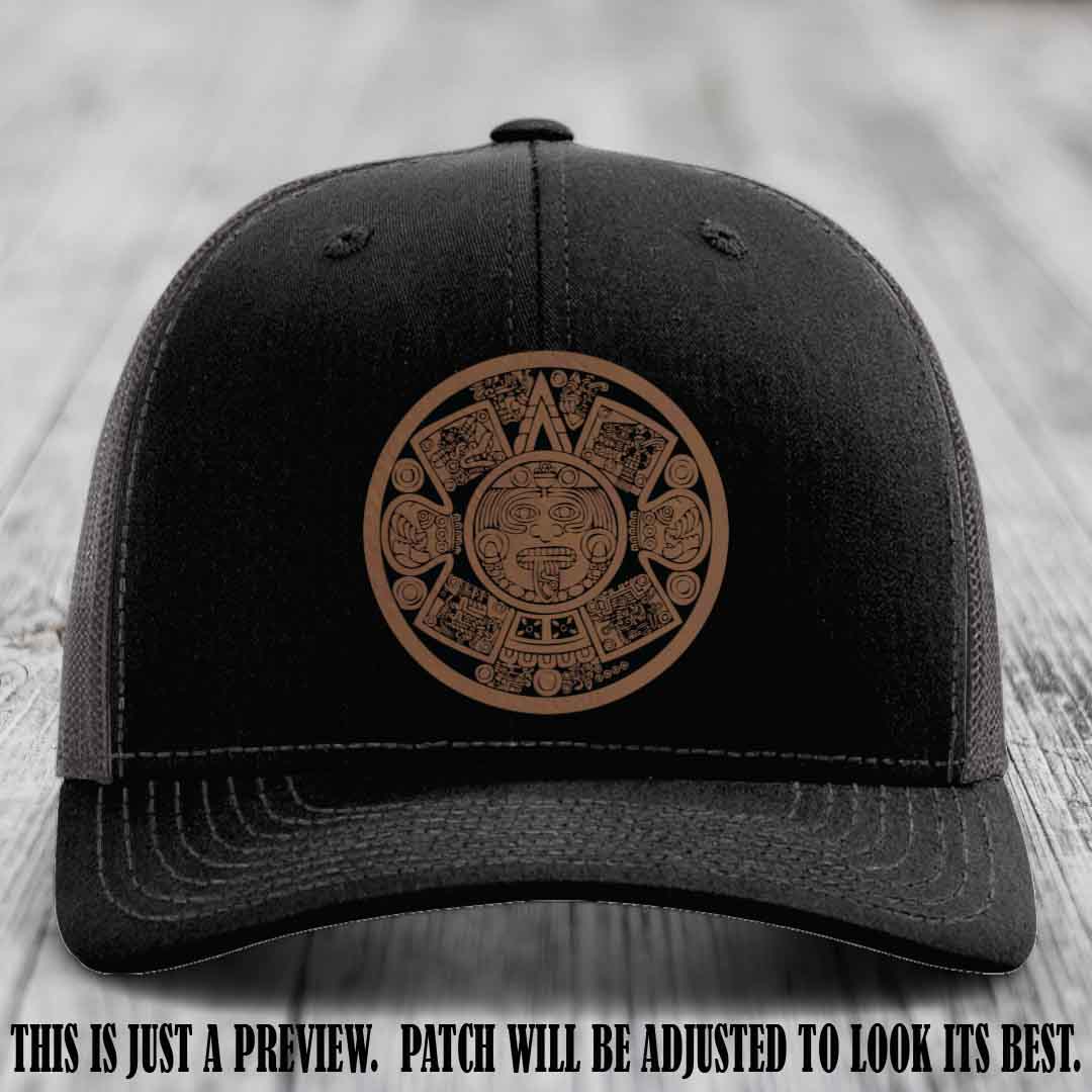 Aztec Vibes Dark Brown to Black Patch Leather patch on Black to Charcoal Hat Richardson 112 custom trucker hat
