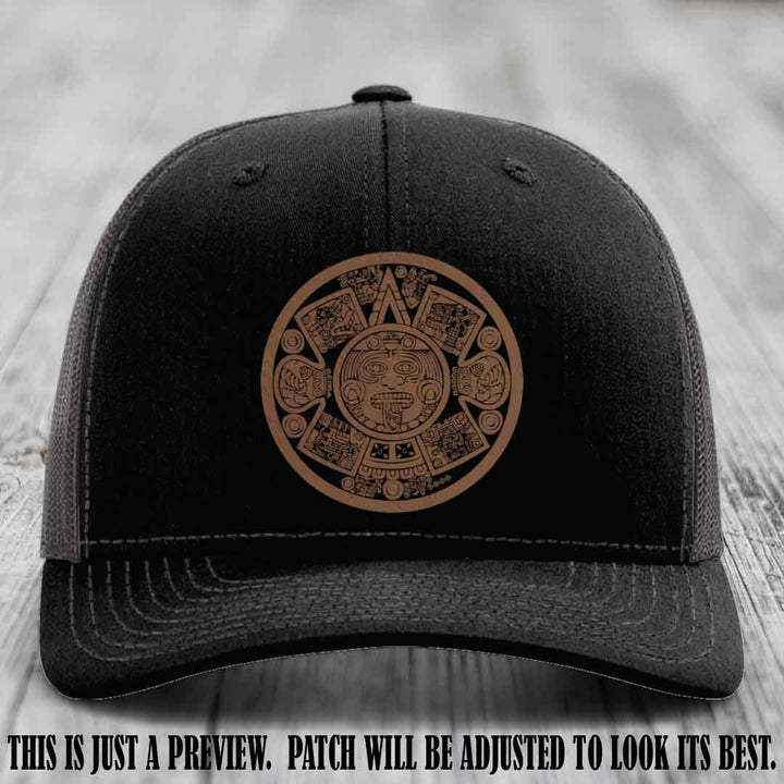 Aztec Vibes Dark Brown to Black Patch Leather patch on Black to Charcoal Hat Richardson 112 custom trucker hat