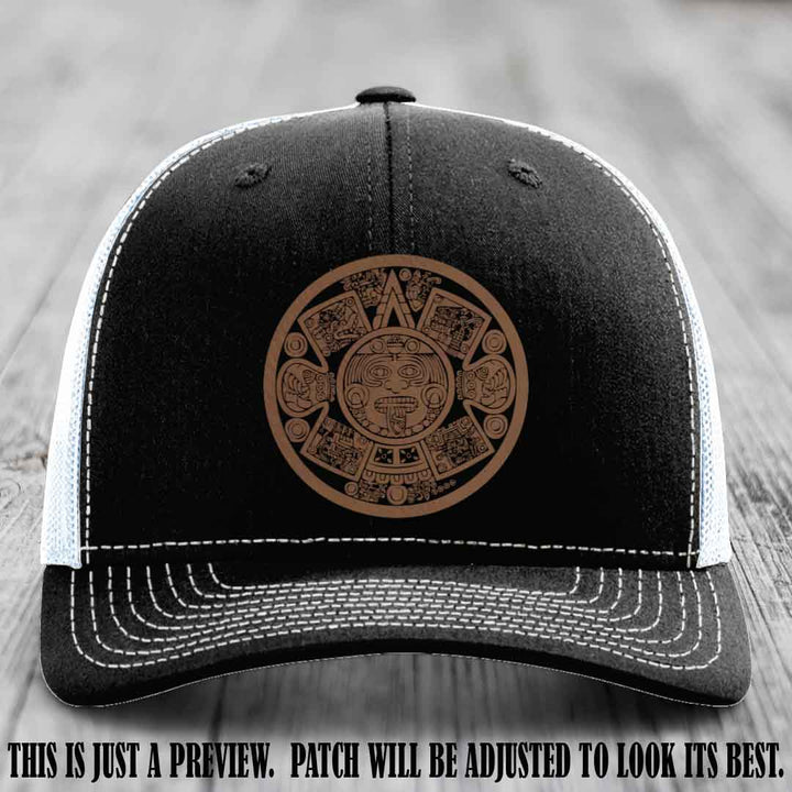 Aztec Vibes Dark Brown to Black Patch Leather patch on Black to White Hat Richardson 112 custom trucker hat