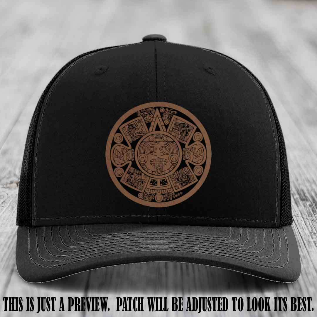 Aztec Vibes Dark Brown to Black Patch Leather patch on Black Hat Richardson 112 custom trucker hat