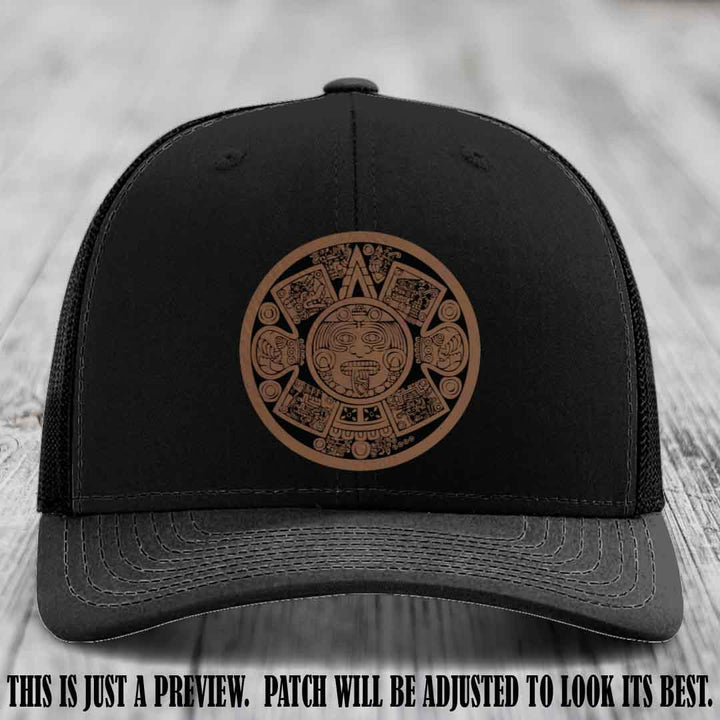 Aztec Vibes Dark Brown to Black Patch Leather patch on Black Hat Richardson 112 custom trucker hat