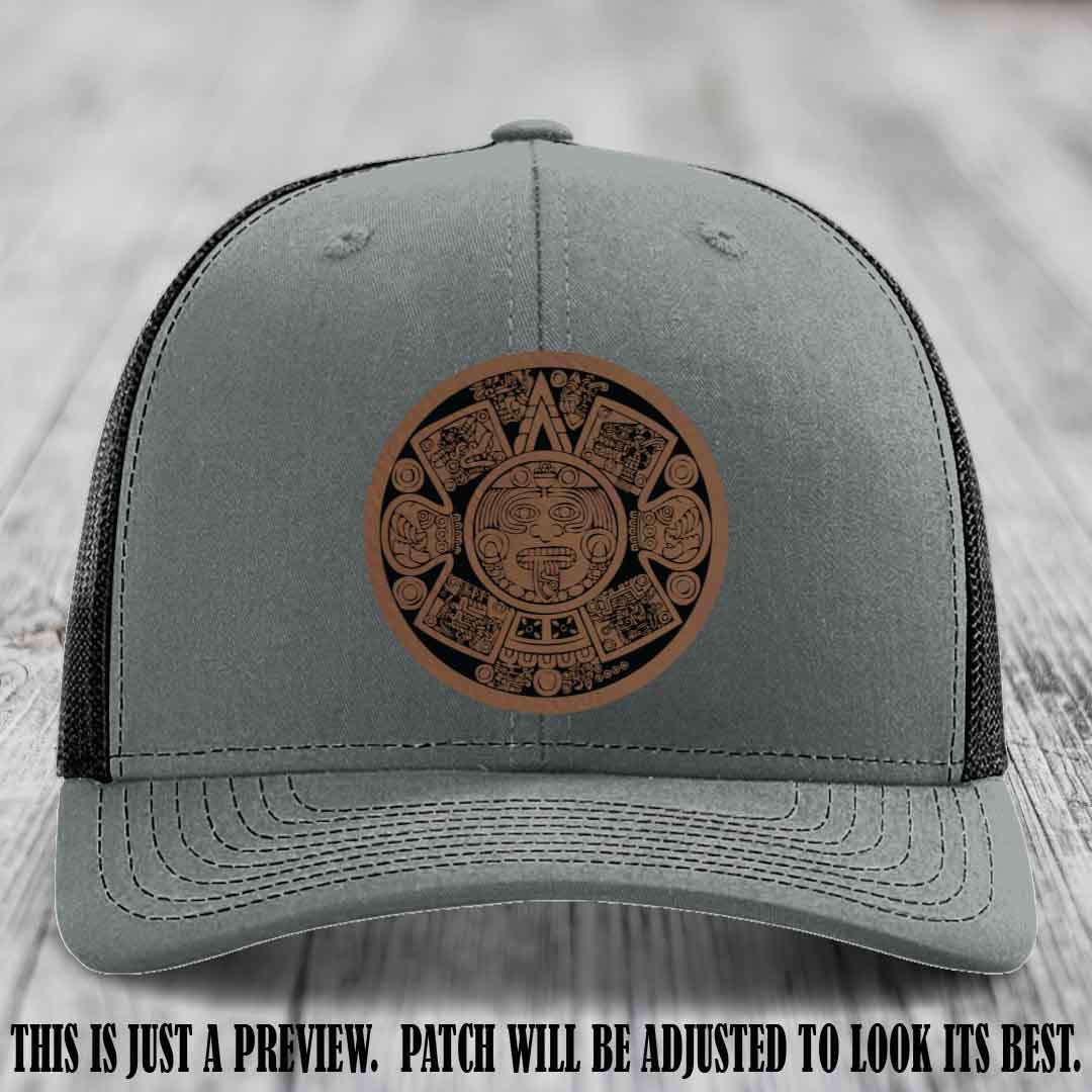 Aztec Vibes Dark Brown to Black Patch Leather patch on Heather Grey to Black Hat Richardson 112 custom trucker hat